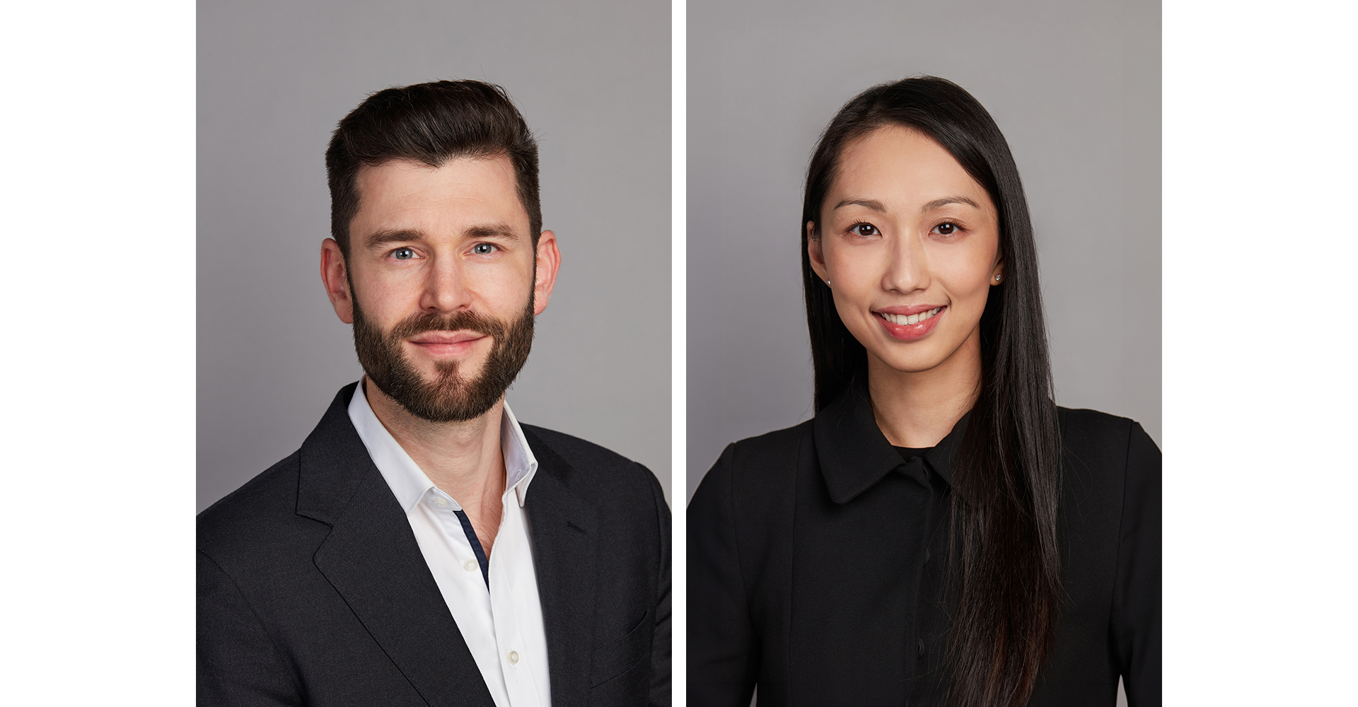 Businessman and businesswomen posing for a corporate head shot for a photo shoot