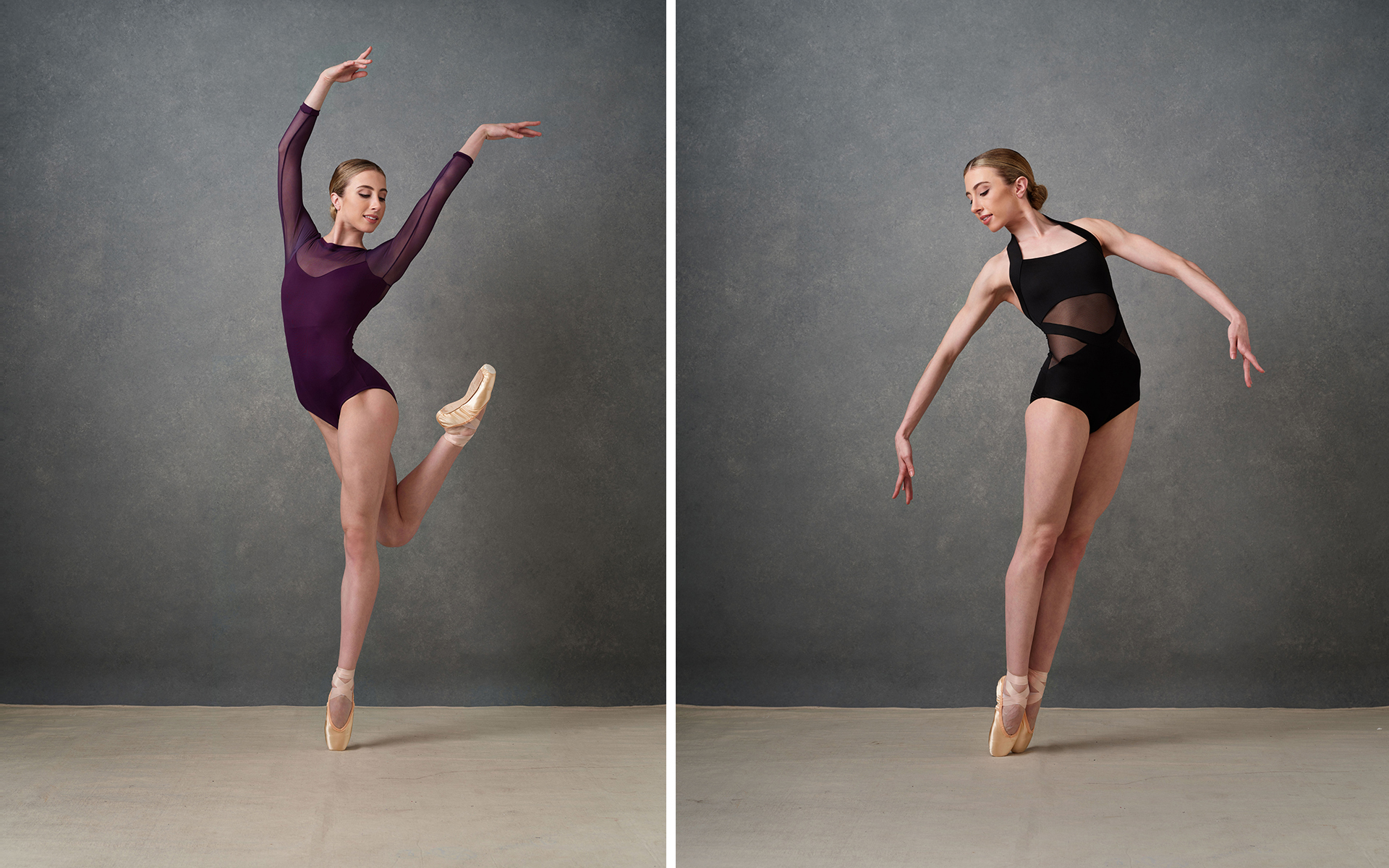 Ballerina dancing in a photo shoot full length front of a grey backdrop