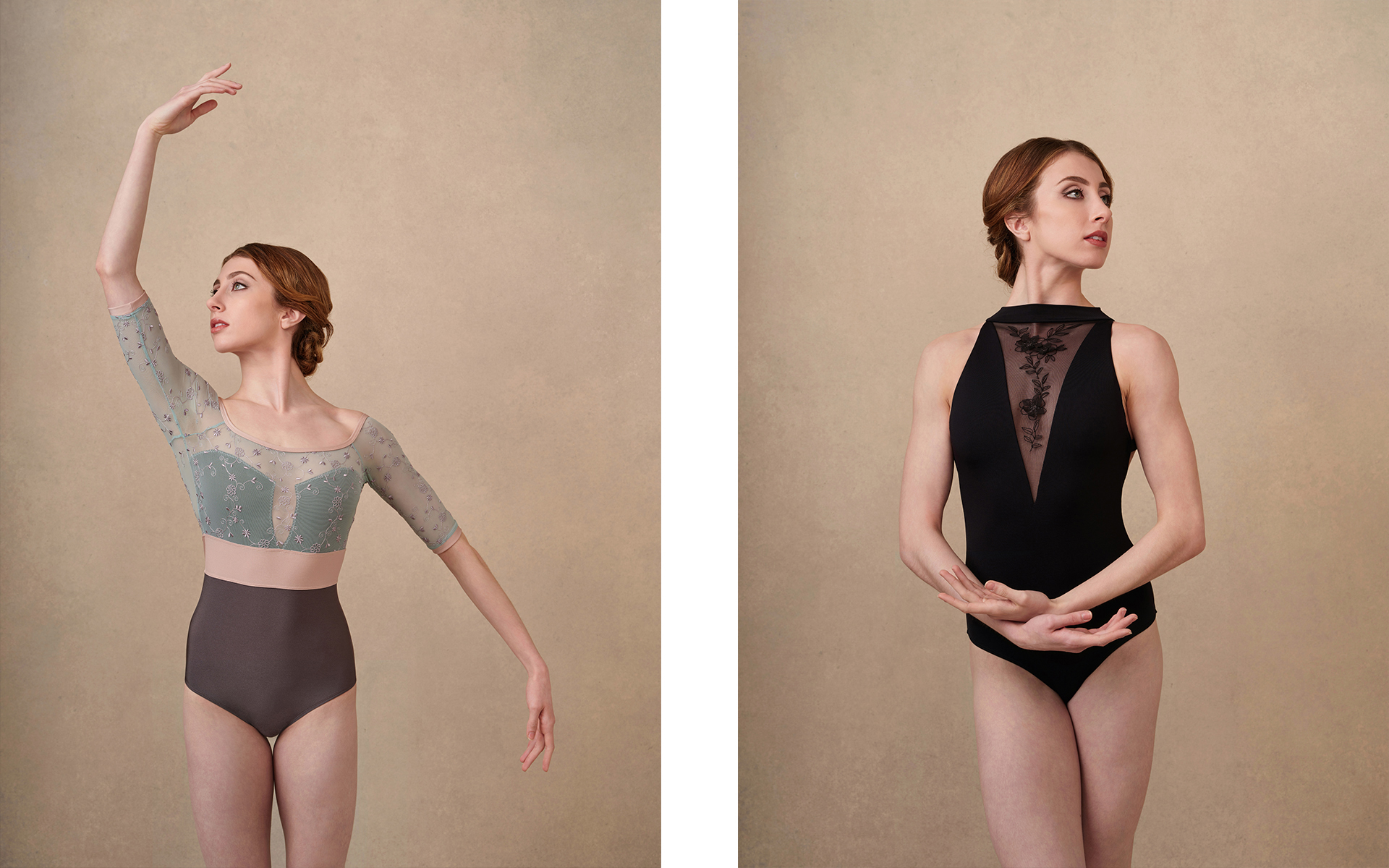 Ballerina posing in a photo shoot three quarters  front of a cream canvas backdrop in a photo studio