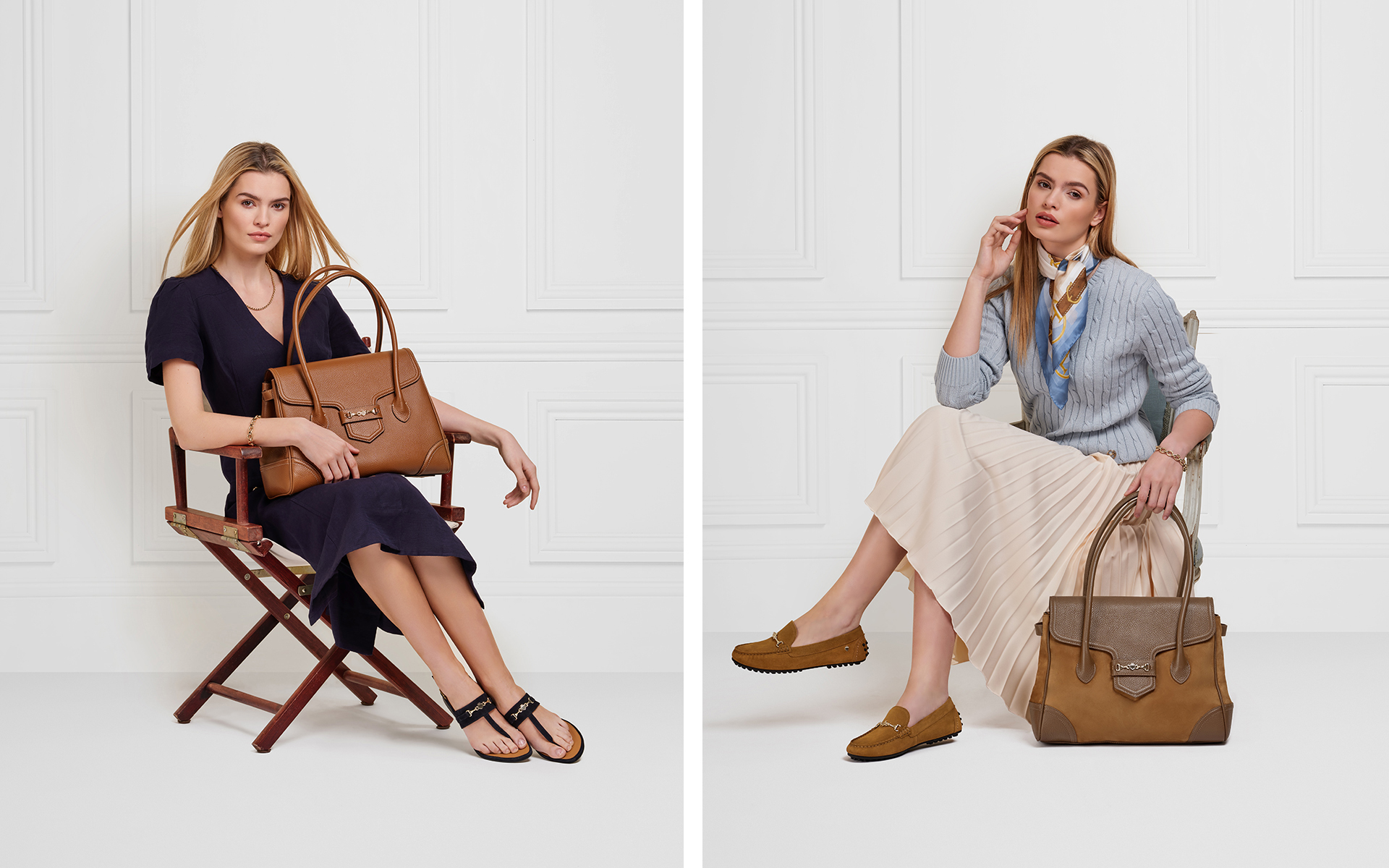 Model in a fashion photo shoot holding handbags walking front of a white wooden panel wall in photo studio