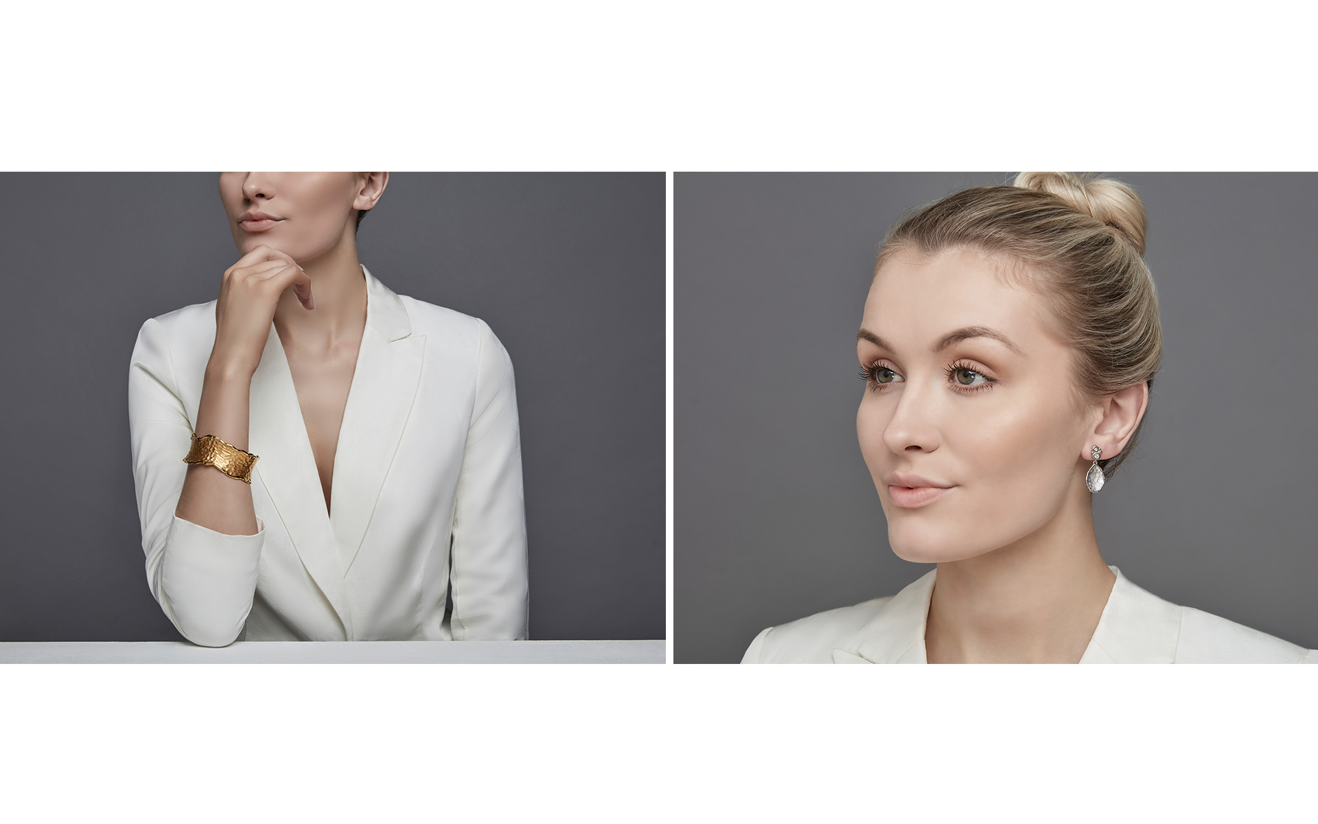 Model wearing jewellery for jewellery advertising photo shoot on a grey backdrop