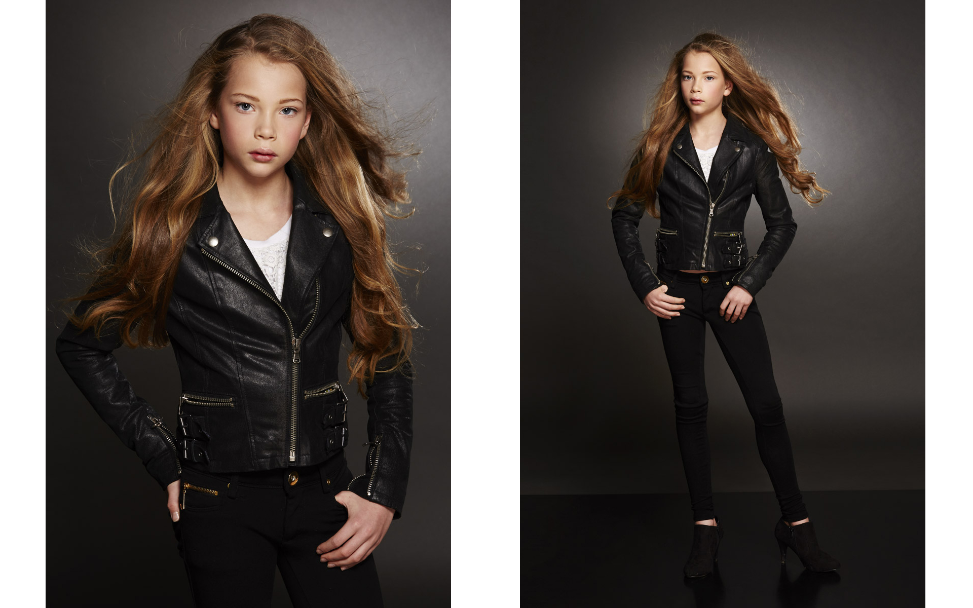 Teenage model with blonde hair wearing black leather jacket in front of dark grey backdrop on a brand fashion photo shoot